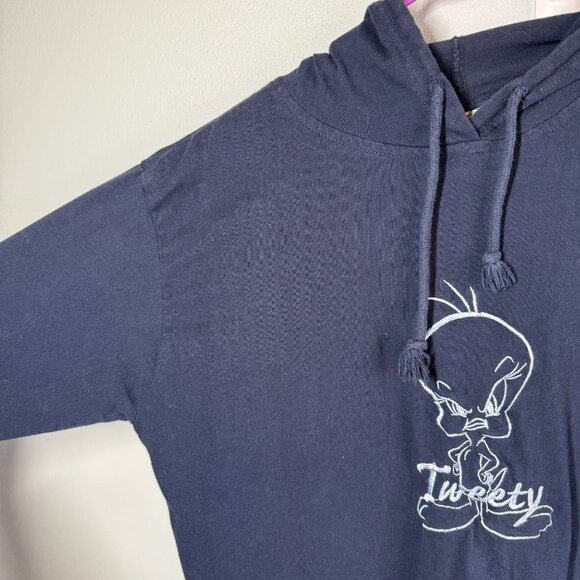 VTG Looney Tunes Embroided Tweety Hooded Sweatshirt Women L Navy Blue 1/4 Sleeve - Picture 5 of 10